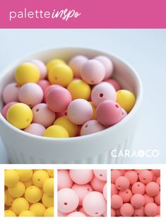 some pink and yellow beads are in a white bowl with the words caraco on it