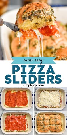 the steps to make pizza sliders are shown in this collage with text overlay