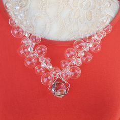 Clear Hand Blown Glass Bubble Beads & Crystal Pendant replace the classic pearls in this Multi-strand Designer Inspired Statement Party Collar Necklace. Clear Hand Blown Glass Beads and Clear Swarovski Crystal are uniquely twisted on Gold or Silver Plated Wire to make this amazing necklace. A Lava Flow of Glass Bubbles!!! Check out the Crystal Octagon Pendant. Piece measures 20"s in length and has a lovely rhinestone magnetic clasp for easy attachment. I want it to be perfect for you! Care Instr Bubble Beads, Bridal Statement Necklace, Glass Bubble, Lava Flow, Party Fun, Glass Crystal, Top Gifts, Glass Necklace, Collar Necklace