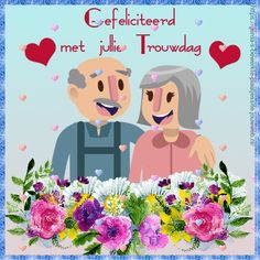 an old couple is standing next to each other in front of flowers and hearts with the words congratulations