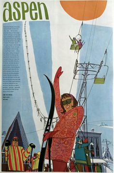 an advertisement for the aspen ski resort featuring skiers and snowboarders in red