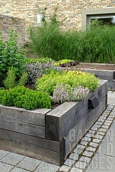 a wooden box filled with lots of plants