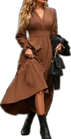 Brown V-neck Solid Color Dress, Brown V-neck Dress, Brown V-neck Solid Dress, Knee-length Stretch Brown Dress, Brown Stretch Knee-length Dress, Brown V-neck Solid Color Maxi Dress, Brown Long Sleeve Solid Maxi Dress, Stretch Solid Color Maxi Dress For Fall, Fall Solid Color Stretch Maxi Dress