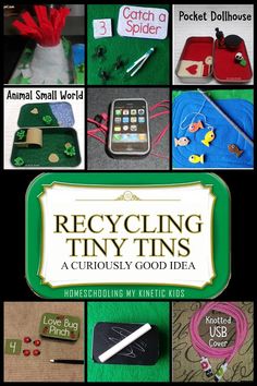 the cover of recycling tiny tins is shown with pictures of items and text on it