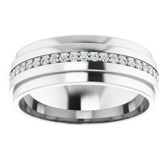 men's wedding band with channel set diamonds in 18k white gold, 6mm