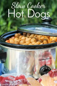 slow cooker hot dogs in an instant pot with text overlay that reads slow cooker hot dogs