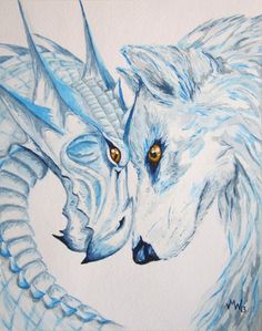 a drawing of two white dragon heads touching each other's foreheads with their eyes open