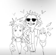 a drawing of two people standing next to each other with one holding up the peace sign