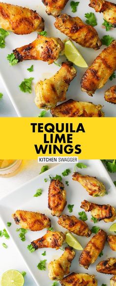 tequila lime wings on a white plate with lemon wedges and cilantro