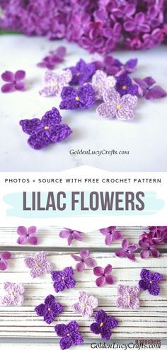 purple crochet flowers with text overlay that says lilac flowers on it