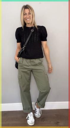 How To Style Utility Pants, Army Green Blouse Outfit, Gray Cropped Pants Outfit, Sambas With A Dress, Classic Boho Style Fashion, Cute Casual Friday Work Outfits, Kelly Green Shirt Outfit, Green Chinos Women Outfit, Evereve Outfits 2024