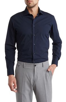 A wardrobe-staple dress shirt is tailored in a comfort fit from cotton with Lycra® stretch. Front button closure Cutaway collar Long sleeves with adjustable button cuffs 97% cotton, 3% Lycra® spandex Dry clean Imported Professional Long Sleeve Shirt With Button Closure, Stretch Business Casual Shirt, Slim Fit Cotton Dress Shirt With Long Sleeves, Slim Fit Cotton Long Sleeve Dress Shirt, Cotton Slim Fit Long Sleeve Dress Shirt, Stretch Cotton Shirt For Office, Stretch Cotton Shirt For The Office, Stretch Cotton Long Sleeve Shirt, Office Cotton Stretch Shirt