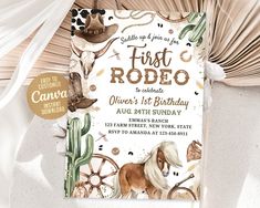 a first rodeo birthday party with an image of a horse, cactus and cacti