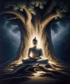 a painting of a person sitting in front of a tree with light coming from it