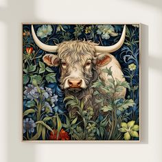 a painting of a bull with long horns and flowers