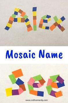 the word mosaic name spelled out with colored paper and crayons on white paper