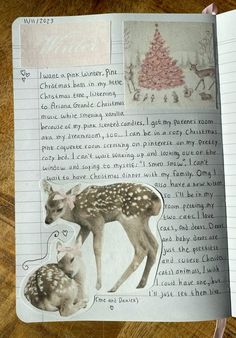 an open book with pictures of deers and christmas trees