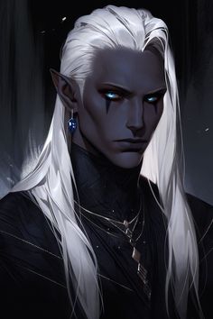 the white haired man with blue eyes is wearing long hair and piercings on his ears