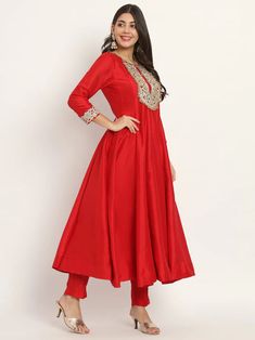 Upgrade your wardrobe with a touch of glamour and drama with this red anarkali suit set. Crafted from luxurious georgette with a cotton silk pant, this elegant ensemble is finished off with an intricate net dupatta, intricately detailed with zari, sequins, and gota patti work to make it truly special. An exquisite choice for all your special occasions. No. of pieces - 3 piece set. Color - Red. Fabric - Georgette, Cotton Silk and Net. Kurta Length - 48 inches. Washing Instructions - Dry Clean. Red Anarkali Suits, Red Anarkali, Gota Patti Work, Silk Pant, Anarkali Suit, Net Dupatta, Silk Pants, Suit Set, Womens Size Chart