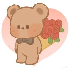 a brown teddy bear holding a bouquet of roses