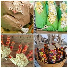 four pictures with different foods in them including corn, popcorn, and other food items