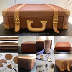 a cake made to look like an old suitcase with leather straps and buckles on it