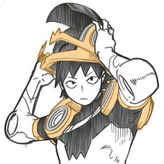 a drawing of an anime character holding his head with one hand and the other arm behind him