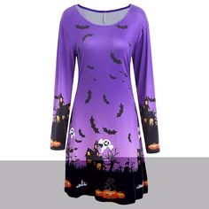 Pumpkin Bat Print Long Sleeve Halloween Swing Dress - Purple - 3838772716 - Original Design-Women's Clothing  #OriginalDesignWomensClothing #Original #DesignWomen's #Clothing Prom Costume, Bat Print, Black Halloween Dress, Halloween Long Sleeve, Graphic Dress, Black Party Dresses, Long Sleeve Shift Dress, Dress Halloween Costume, Usa Dresses