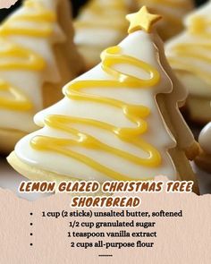 lemon glazed christmas tree shortbreads with white icing and yellow glaze on top