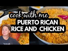 two pictures with the words cook with me puerto rican rice and chicken in black letters