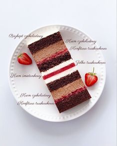 a piece of chocolate cake on a white plate with strawberries and the words below it