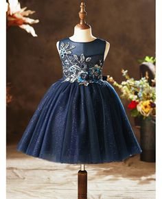 Buy navy blue short tulle girls formal party dress with embroidery at wholesale price online. Free shipping and pro custom service since 2009. Fitted Embroidered Princess Dress For Party, Embroidered Fitted Princess Dress For Party, Sleeveless Embroidered Princess Dress For Party, Blue Tulle Dress With Floral Applique, Blue Princess Dress For Prom Season, Blue Embellished Princess Dress For Dress-up, Blue Embellished Princess Dress For Party, Embellished Blue Princess Dress For Dress-up, Blue Princess Dress With Floral Applique