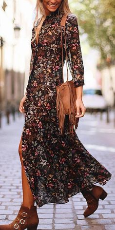 Dress Printed Floral, Floral Dress Fashion, Look Boho Chic, Floral Dresses Long, Split Dress, Olivia Palermo, Long Sleeve Floral Dress, Dress Floral, Women Dress