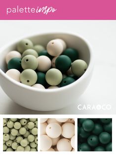 some green and white beads are in a bowl with the words caraco on it