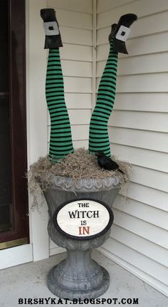 two green striped legs in a silver vase holding a cell phone and an empty sign