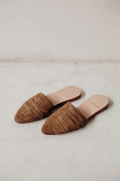 'Sloan' suede closed to slides are flattering pointed toe, soft suede flat mules with multi straps around the foot, these suede flat mules are perfect for any outfit. Fall Suede Mules With Suede Lining, Pointed Toe Suede Mules With Leather Sole, Suede Mules With Pointed Toe And Leather Sole, Suede Mules With Leather Sole And Pointed Toe, Fall Season Suede Closed Toe Mules, Fall Suede Closed Toe Mules, Chic Brown Suede Mules, Slip-on Suede Mules With Pointed Toe, Suede Slip-on Mules With Pointed Toe