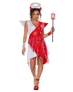 a woman in a red and white costume is holding a staff with an evil look on her face