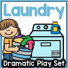 a boy holding a laundry basket next to a washer and dryer with the words laundry on it