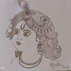 a drawing of a woman's face with feathers on her head and necklaces around her neck