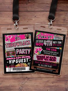 two luggage tags with the words hip hop party written in pink and black on them