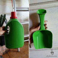 two pictures side by side one has a green vase and the other is a red vase