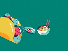 an illustration of two bowls of food with chopsticks in them and one bowl filled with cereal