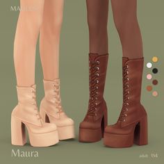 two women's high heeled boots with laces are shown in three different colors