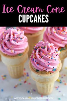 ice cream cone cupcakes with pink frosting and sprinkles on top