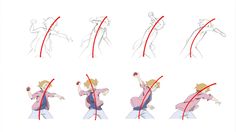 the animation shows how to do different poses with red lines on their arms and legs