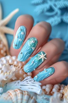 Make a statement with these mesmerizing ocean-themed nails, boasting delicate pearl and starfish accents on a sea of blue. These nails are perfect for anyone looking for beach nails vacation simple yet elegant designs that echo the serene beauty of Florida's shores. Head over to nailhow.com for more beach nail designs! Nails Vacation Simple, Beach Nails Vacation Simple, Nails Vacation, Silk Wrap Nails