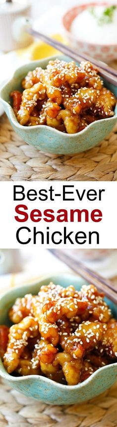 the best ever sesame chicken recipe in a bowl with chopsticks on the side