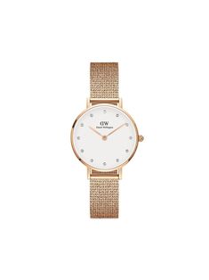 stainless steel rose gold-tone hardware eggshell white quartz movement crystal index baton hands round face mesh bracelet interchangeable strap folding clasp water resistance up to 30m/3 ATM Dw Watch, Daniel Wellington Petite, Sparkly Crystals, White Dial Watch, White Watch, Luxury Timepieces, Mesh Bracelet, Classic Watches, White Dial