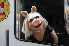 miss piggy looking out the window of a truck