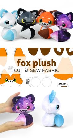 several stuffed animals in different colors and sizes are shown with the text fox plush cut & sew fabric